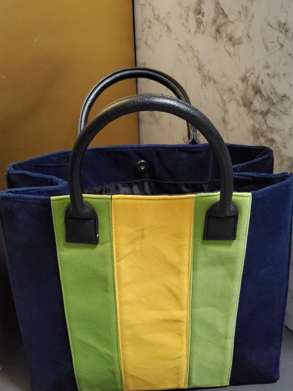 Colorblock Navy Tote with Yellow Center Panel and Lime Green Accents